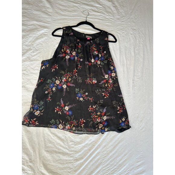 Vince Camuto Womens Black Blouse XL sleeveless floral‎ round neck polyester - Picture 1 of 5